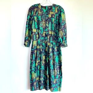 VINTAGE 80s Green Abstract Button Down Dress
